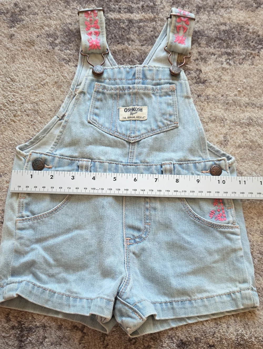 OshKosh B'gosh Light Wash Pink Flower Embroidered Short Overalls Size 12M